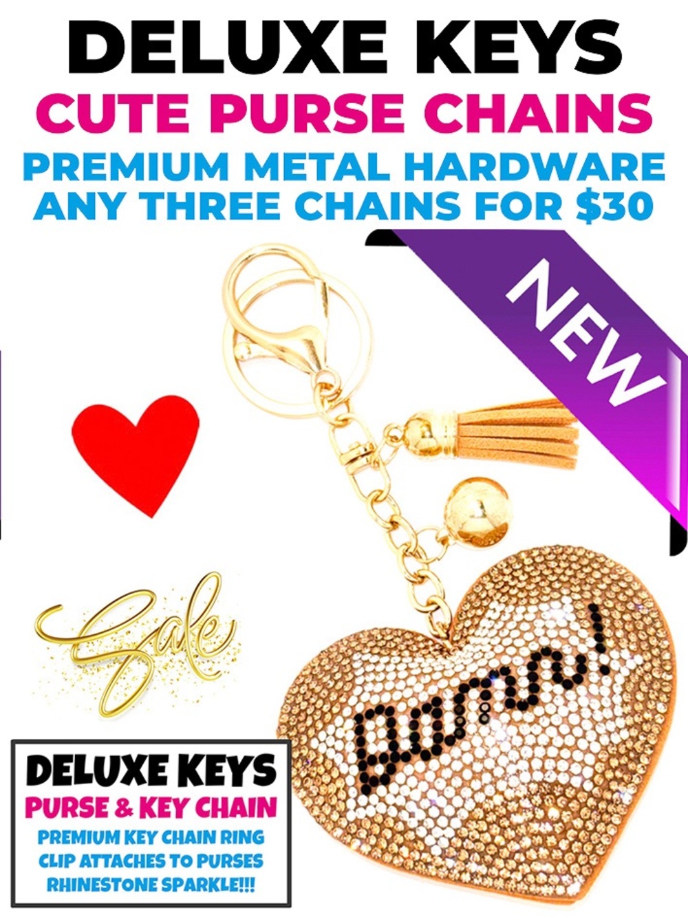 DeLuxe Keys Rhinestone Keychain/Purse Chain BEIGE HEART “DAMN”